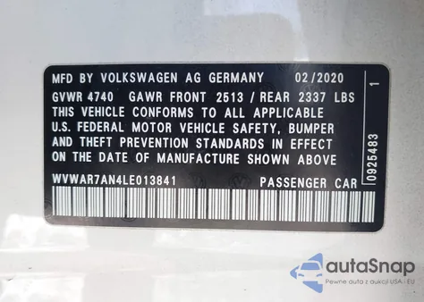 2020 Volkswagen Arteon 2.0T Se z USA, uszkodzony, nr VIN WVWAR7AN4LE013841